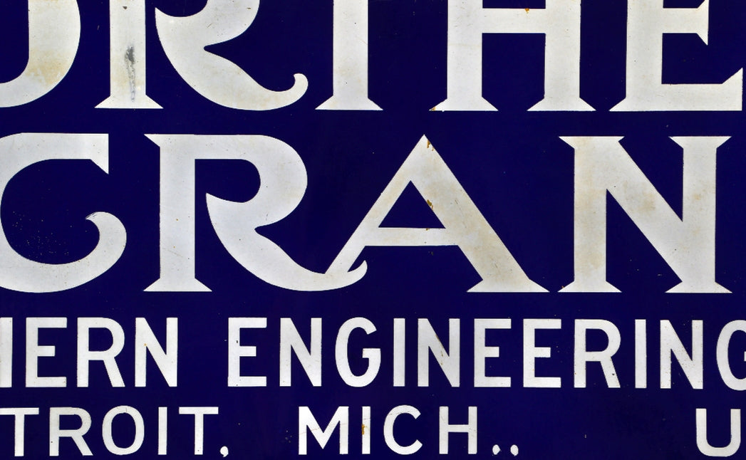 very rare and highly sought after single-sided oversized dark cobalt blue cold-rolled steel "northern crane" electric gantry crane hoist sign plaque