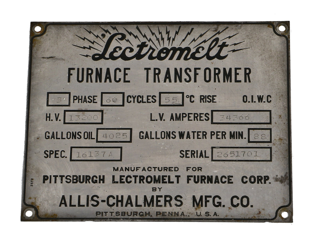 original oversized cast aluminum a. finkl & sons single-sided "lectromelt" flush mount heavy gauge steel cylindrical foundry refining steel tank specification plaque