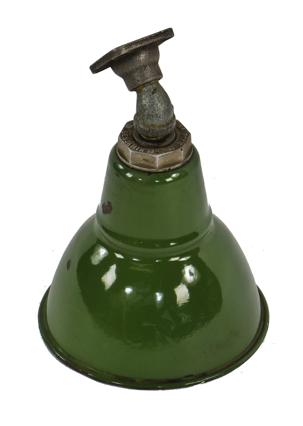 unusually small and uniquely shaped c. 1930's american industrial a. finkl & sons foundry machine shop green porcelain enameled wall or ceiling reflector