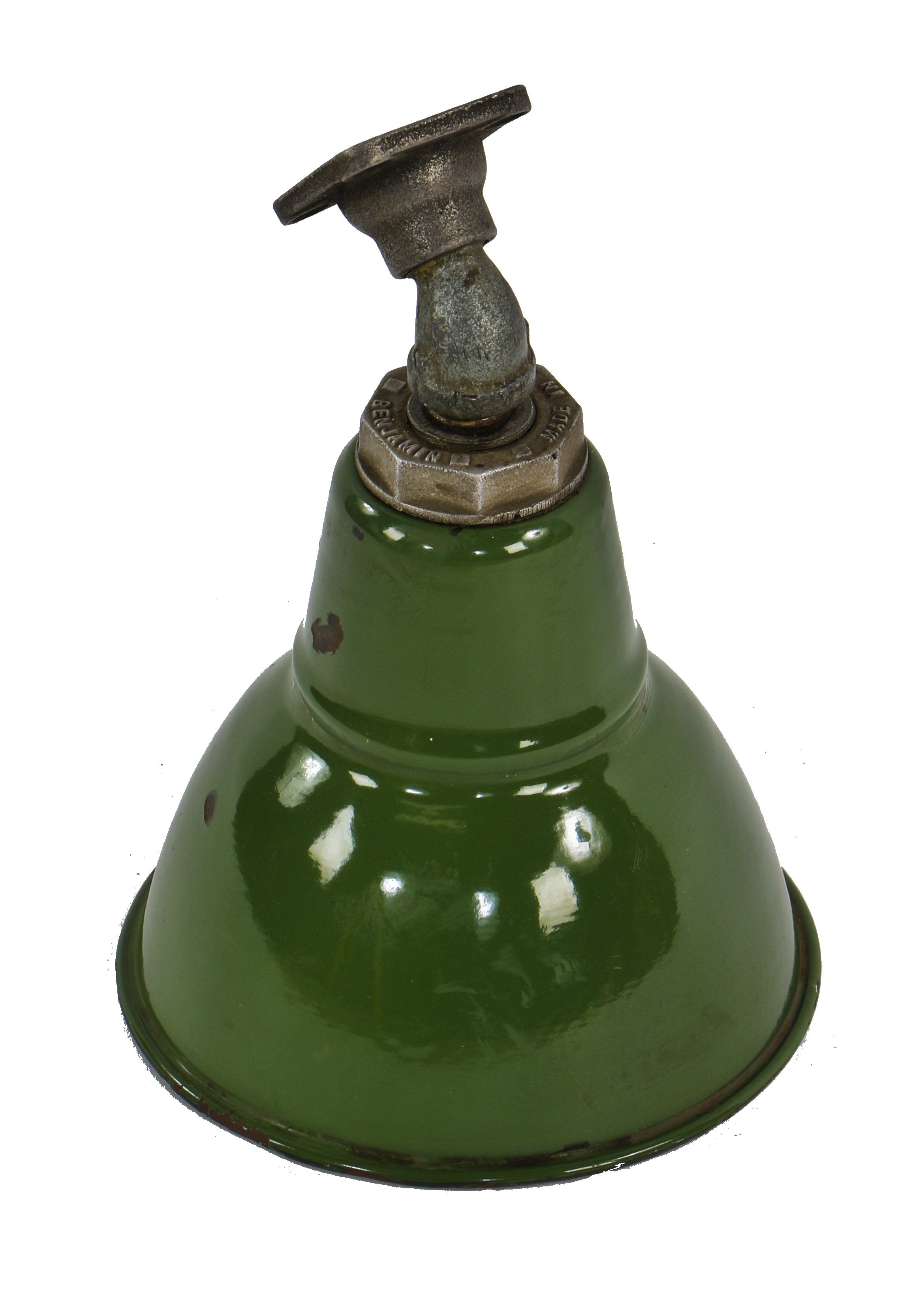 unusually small and uniquely shaped c. 1930's american industrial a. finkl & sons foundry machine shop green porcelain enameled wall or ceiling reflector