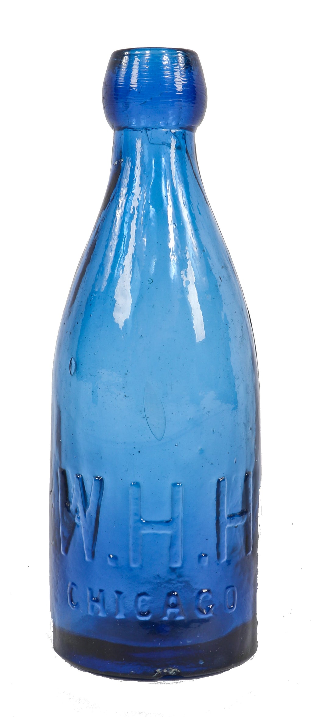 original c. 1855-59 intact low-shouldered iron-pontiled cobalt blue glass "w.h.h." mineral or soda water bottle fabricated by william mcullly & company glass works of pittsburgh, pa.