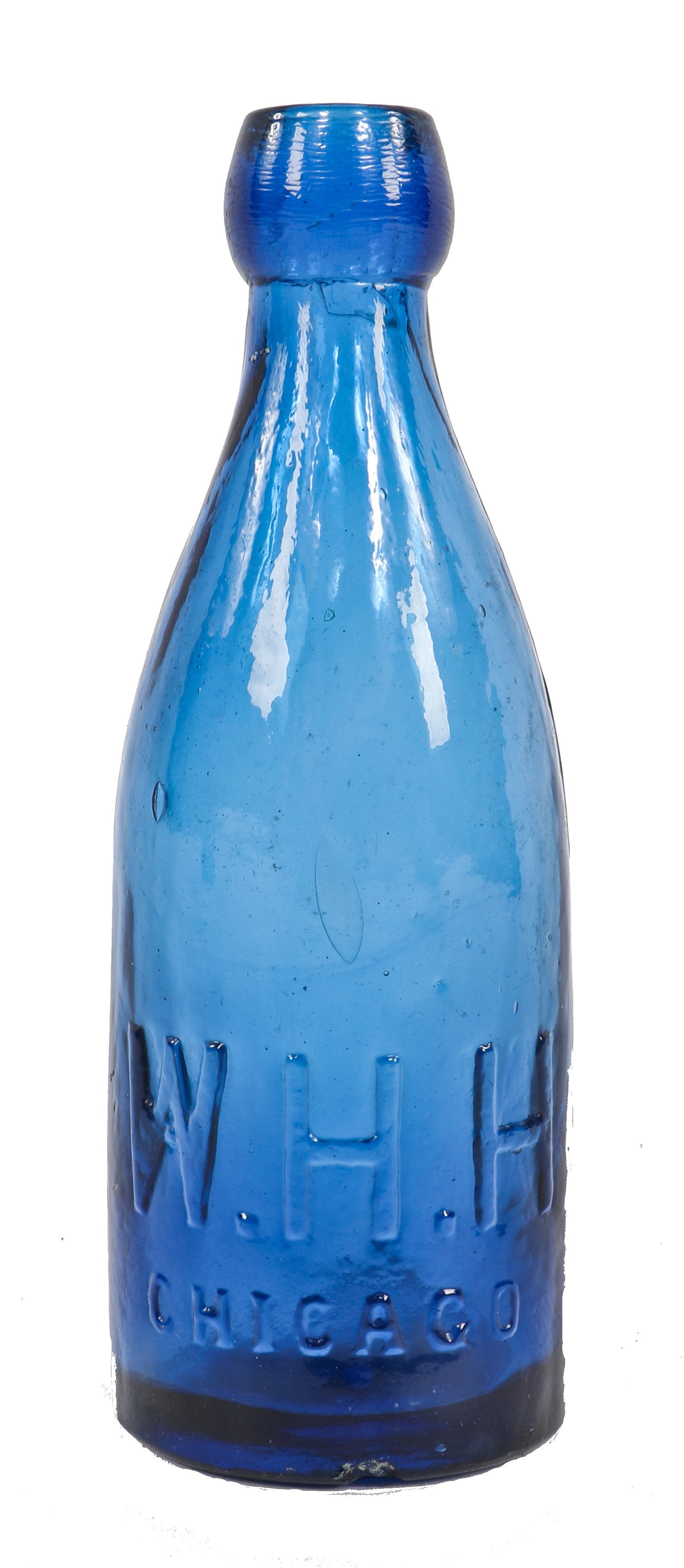 original c. 1855-59 intact low-shouldered iron-pontiled cobalt blue glass "w.h.h." mineral or soda water bottle fabricated by william mcullly & company glass works of pittsburgh, pa.