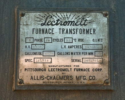 original oversized cast aluminum a. finkl & sons single-sided "lectromelt" flush mount heavy gauge steel cylindrical foundry refining steel tank specification plaque