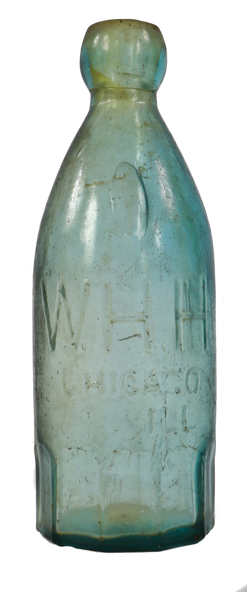 original late 1870's privy dug aqua glass "blob top" soda or mineral water pony style bottle fabricated for william henry hutchinson & sons