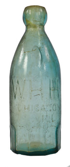 original late 1870's privy dug aqua glass "blob top" soda or mineral water pony style bottle fabricated for william henry hutchinson & sons