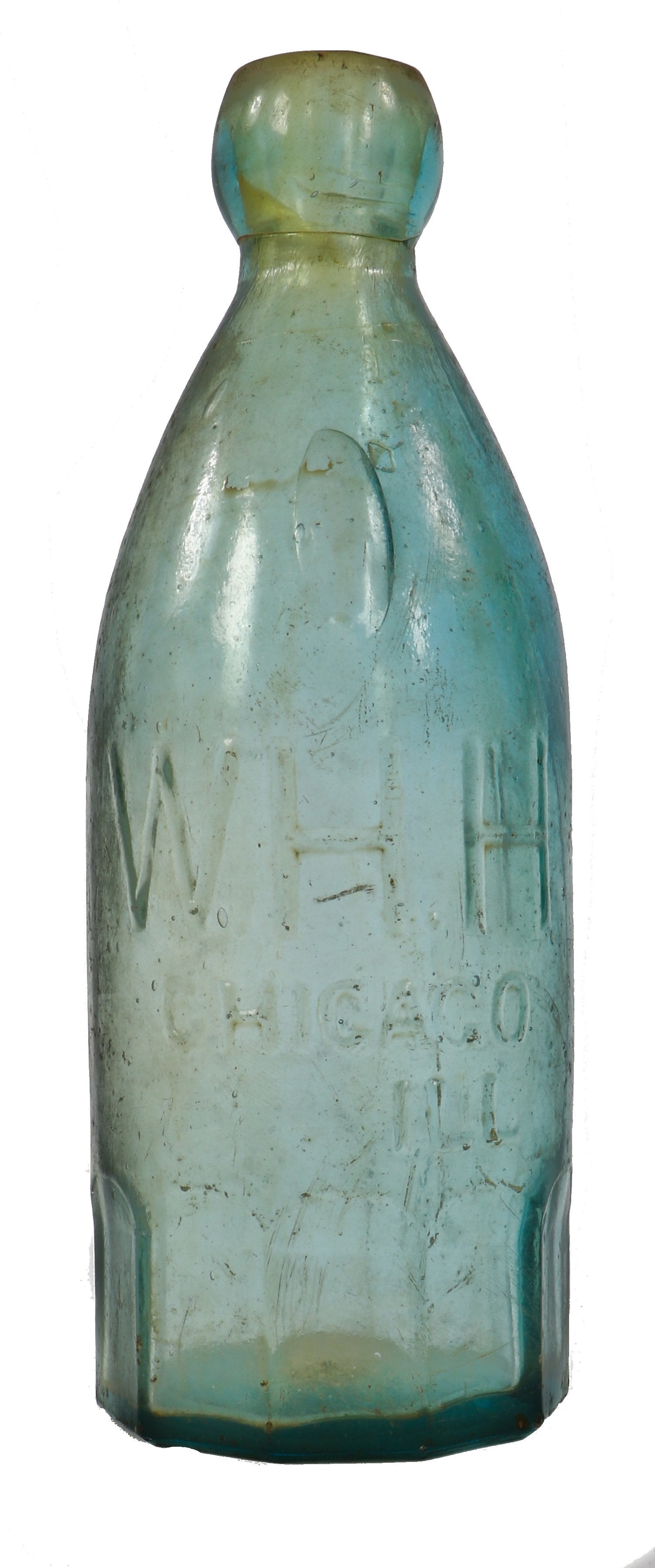 original late 1870's privy dug aqua glass "blob top" soda or mineral water pony style bottle fabricated for william henry hutchinson & sons