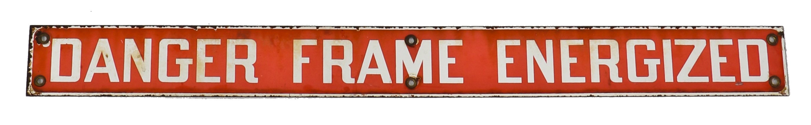 long andd narrow american industrial depression era single-sided "danger frame energized" die cut steel porcelain or vitreous enameled steel sign