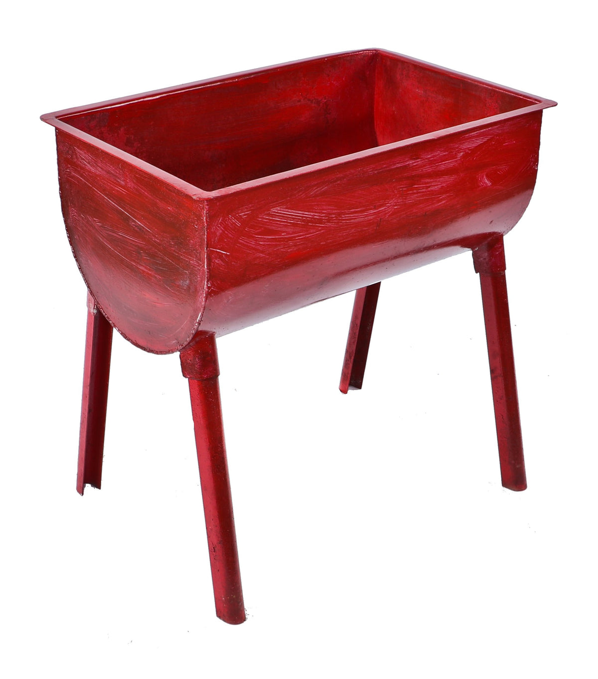 original four-legged custom built american industrial freestanding stationary farm trough comprised of galvanized steel with a weathered red paint finish