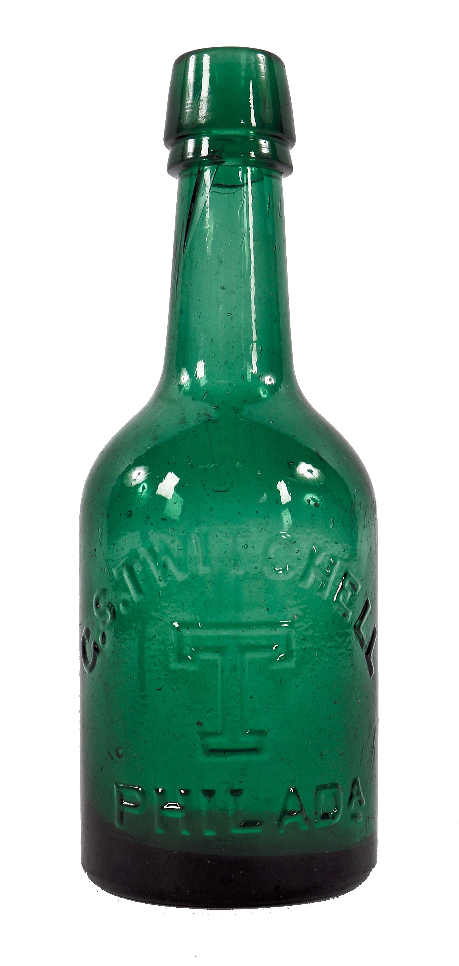 intact mid-nineteenth century vibrant green porter style soda or mineral water bottle with a tapered collar and single ring manufactured for george s. twitchell