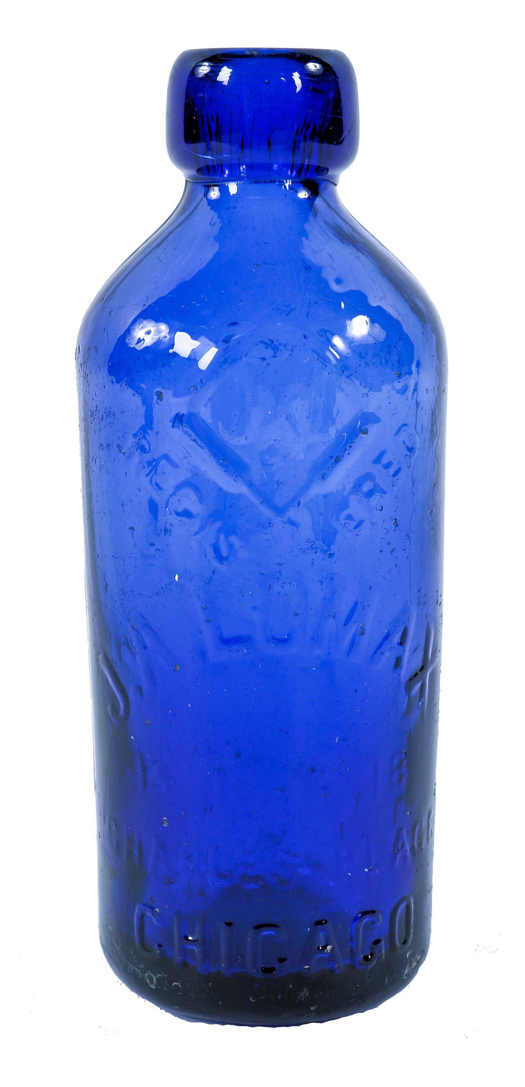 original and intact c. 1880's antique american vibrant cobalt or "electric" blue glass privy dug hutchinson style john a. lomax blob top bottle with embossed letter base