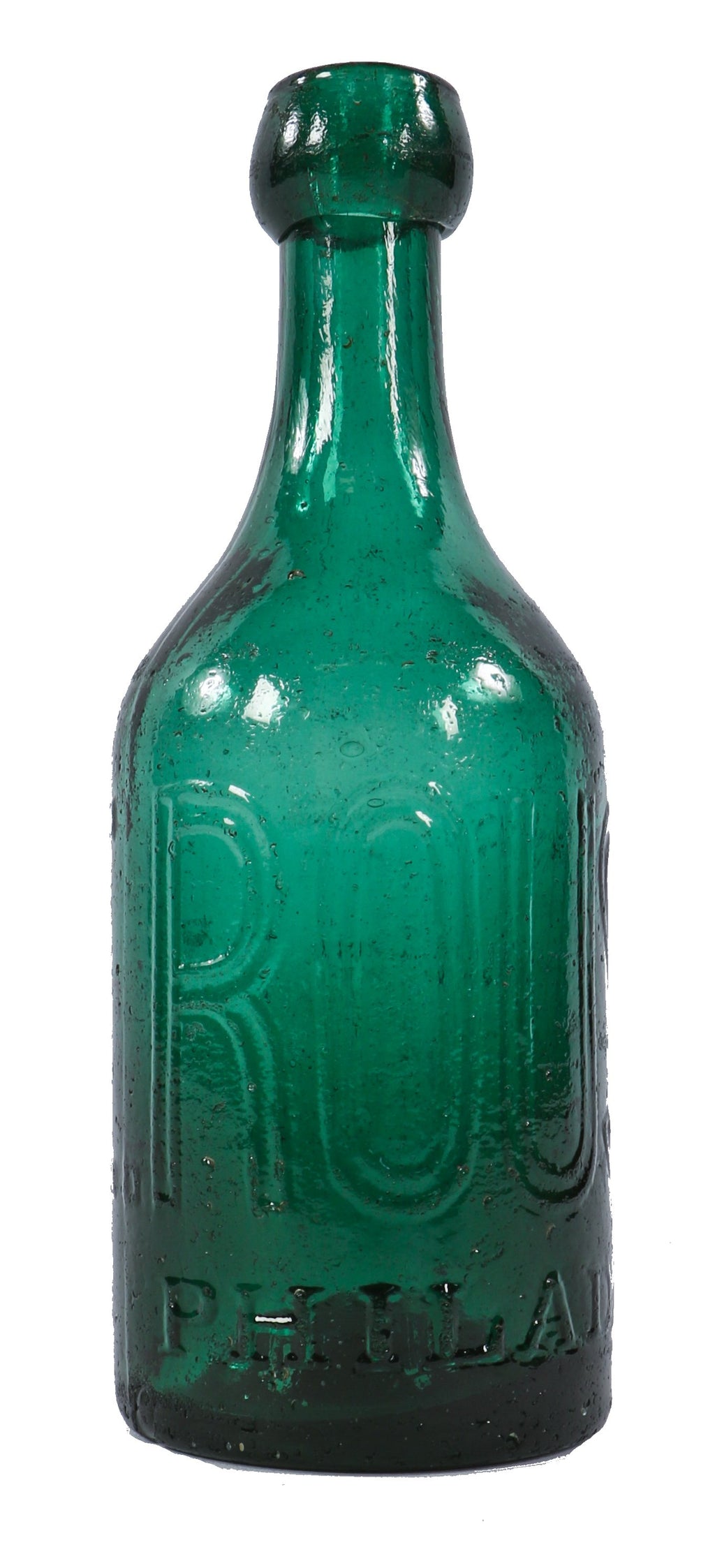 original late 1850's antique american emerald green glass eugene roussel iron-pontiled flavored water soda bottle with oversized embossed block lettering