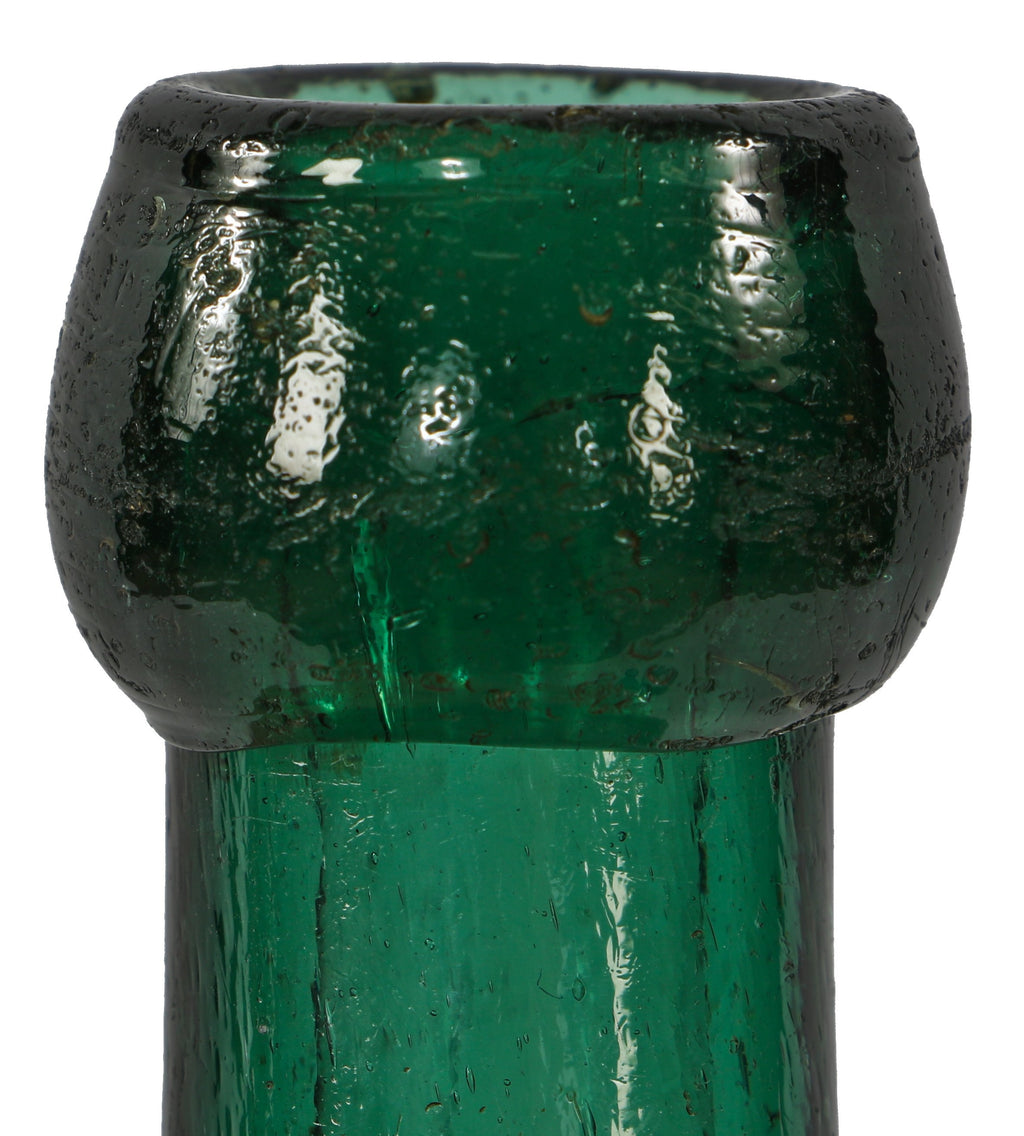 original late 1850's antique american emerald green glass eugene roussel iron-pontiled flavored water soda bottle with oversized embossed block lettering