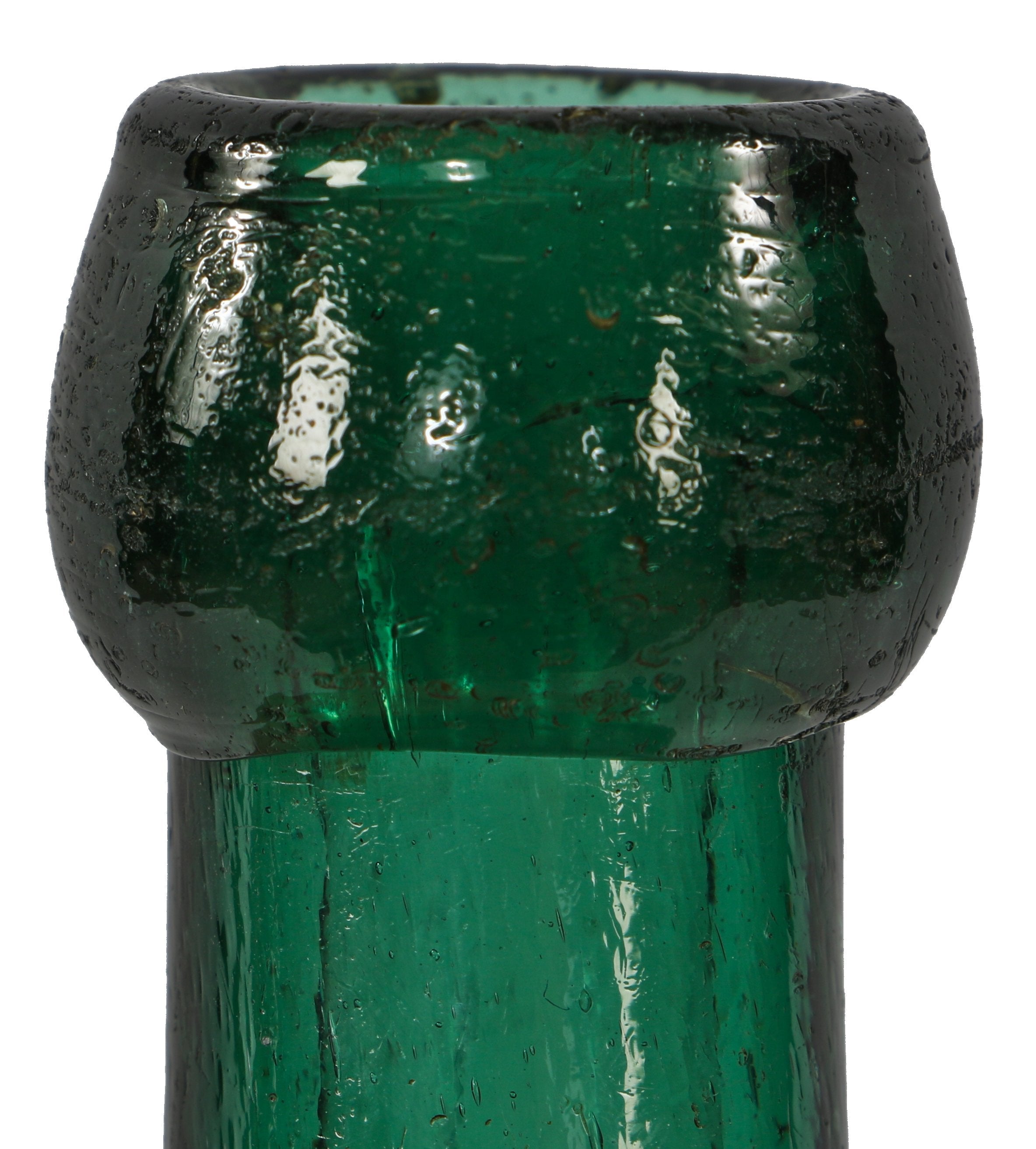 original late 1850's antique american emerald green glass eugene roussel iron-pontiled flavored water soda bottle with oversized embossed block lettering