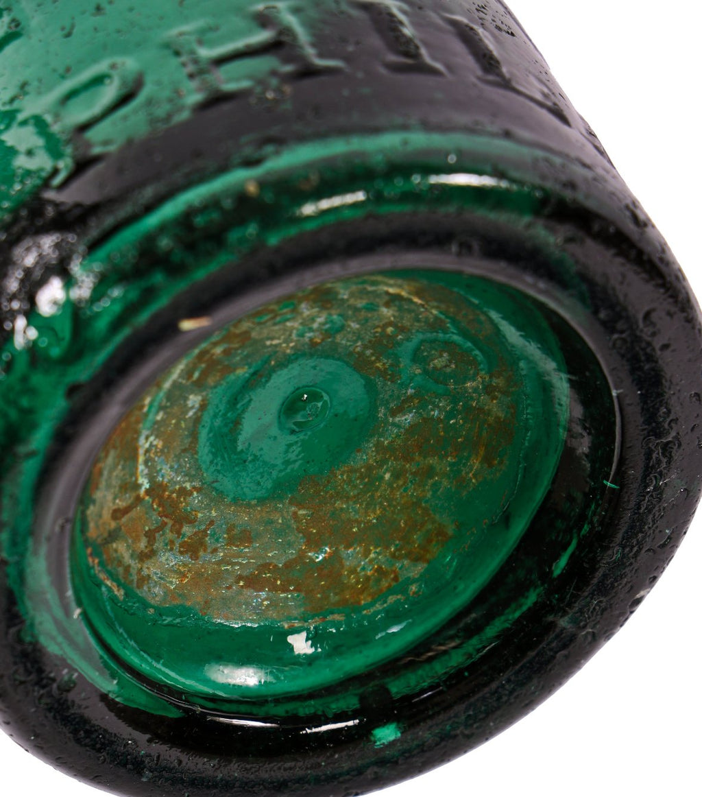 original late 1850's antique american emerald green glass eugene roussel iron-pontiled flavored water soda bottle with oversized embossed block lettering