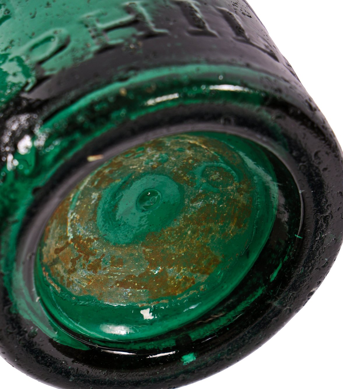 original late 1850's antique american emerald green glass eugene roussel iron-pontiled flavored water soda bottle with oversized embossed block lettering