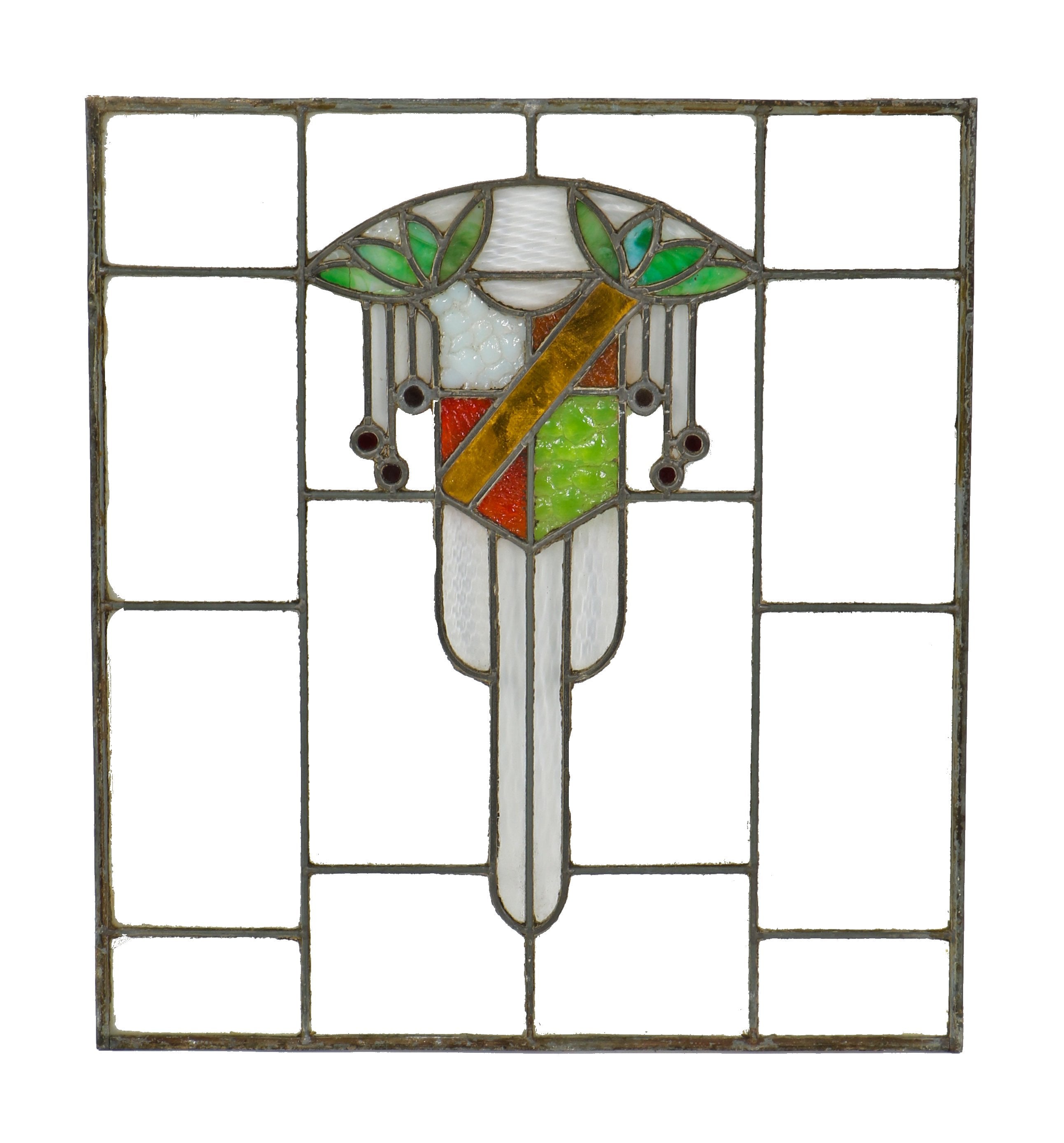 one of several original craftsman style c. 1920's chicago tavern or lodge art glass window featuring a centrally located shield accentuated with gold "flash" glass