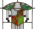 one of several original craftsman style c. 1920's chicago tavern or lodge art glass window featuring a centrally located shield accentuated with gold "flash" glass