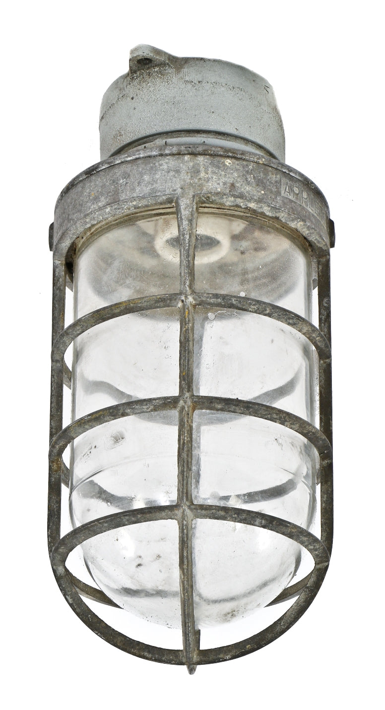 single all original early 1950's american vintage industrial salvaged a. finkl & sons "explosion proof" foundry unilet wall sconce with aluminum cage or guard