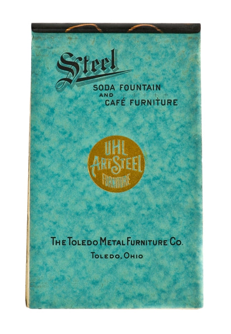 exceptionally rare and all original early 20th century staple-bound "uhl art steel" softcover furniture catalog with a slightly raised or embossed gold emblem