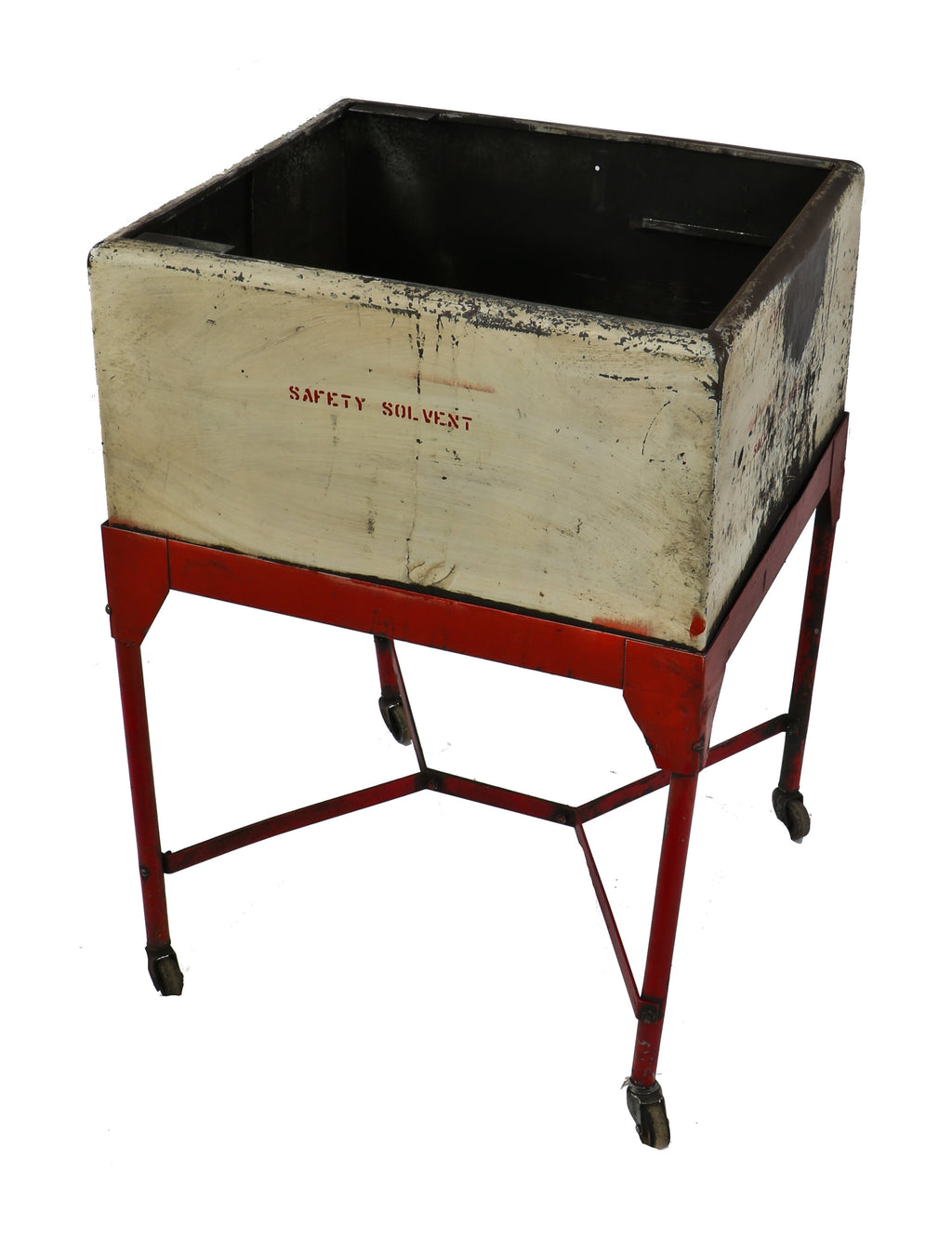 lightly cleaned all original early 1950's vintage american industrial cold-rolled steel "safety solvent" chicago foundry mobile tank with drainage hole
