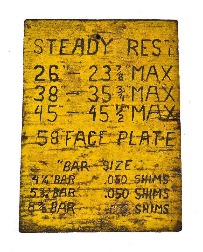 c. 1930's american antique industrial finkl foundry machine shop hand-painted wood metal lathe wall-mount chart with a nicely distressed surface finish throughout