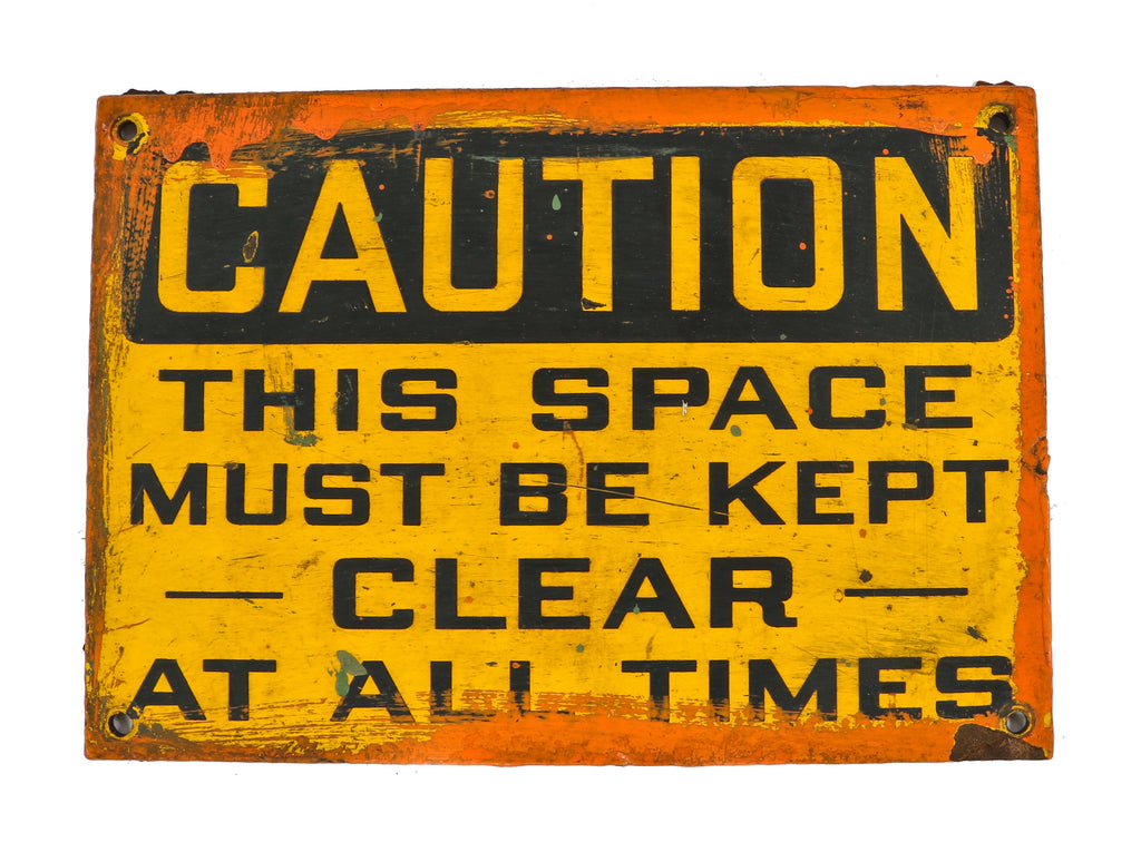 original c. 1940's american vintage industrial a. finkl & sons foundry "space must be kept clear" bright yellow single-sided composite sign with weathered finish