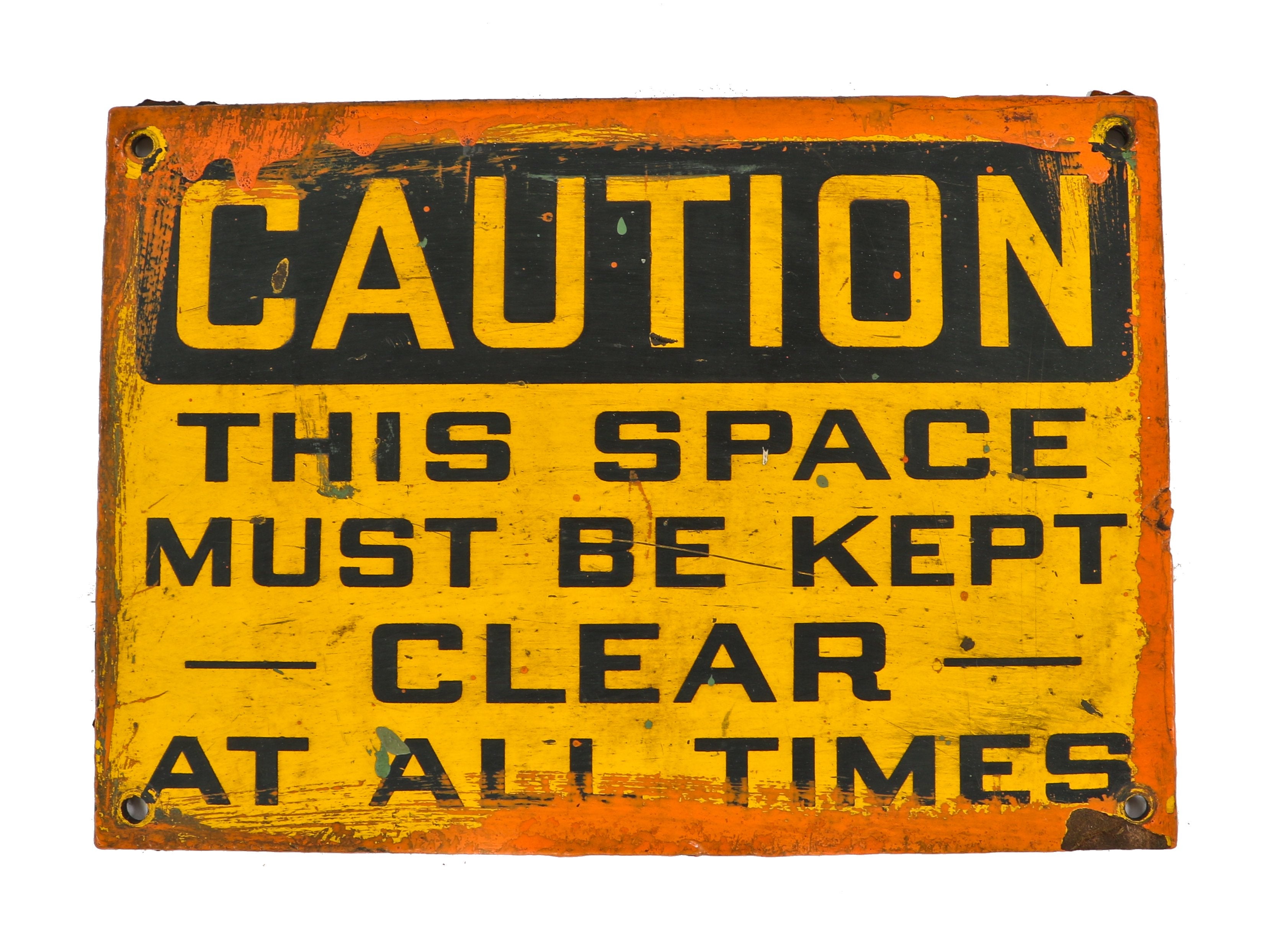 original c. 1940's american vintage industrial a. finkl & sons foundry "space must be kept clear" bright yellow single-sided composite sign with weathered finish