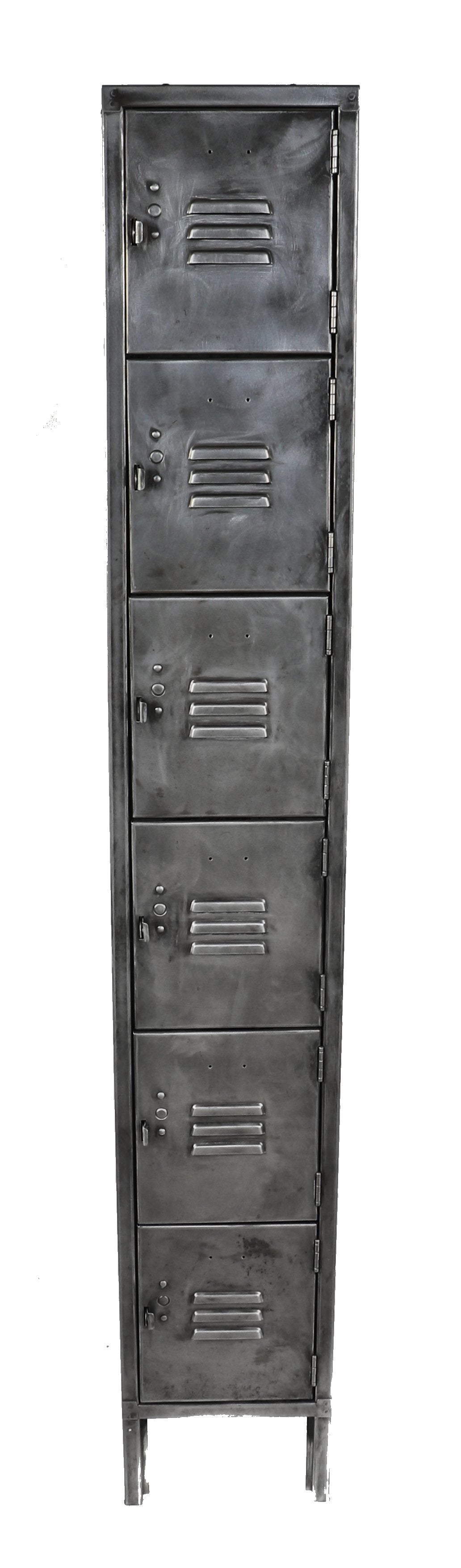 very clean and compact c. 1930's american industrial six-unit freestanding chicago paint factory refinished locker with louvered doors throughout