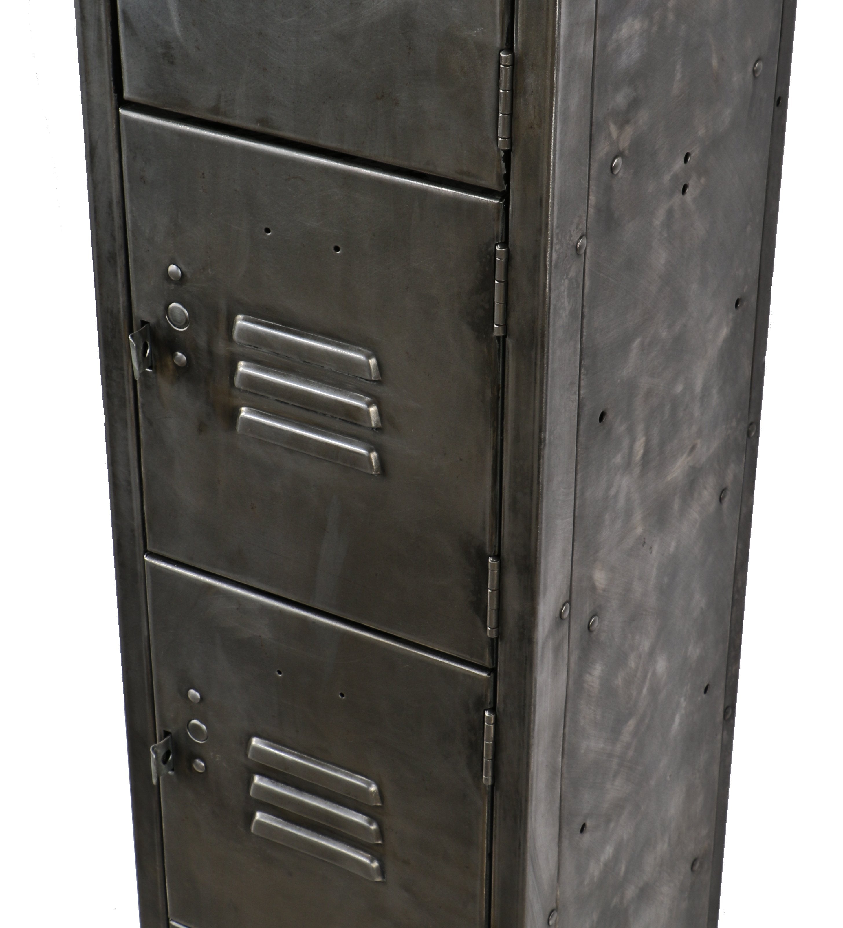 very clean and compact c. 1930's american industrial six-unit freestanding chicago paint factory refinished locker with louvered doors throughout