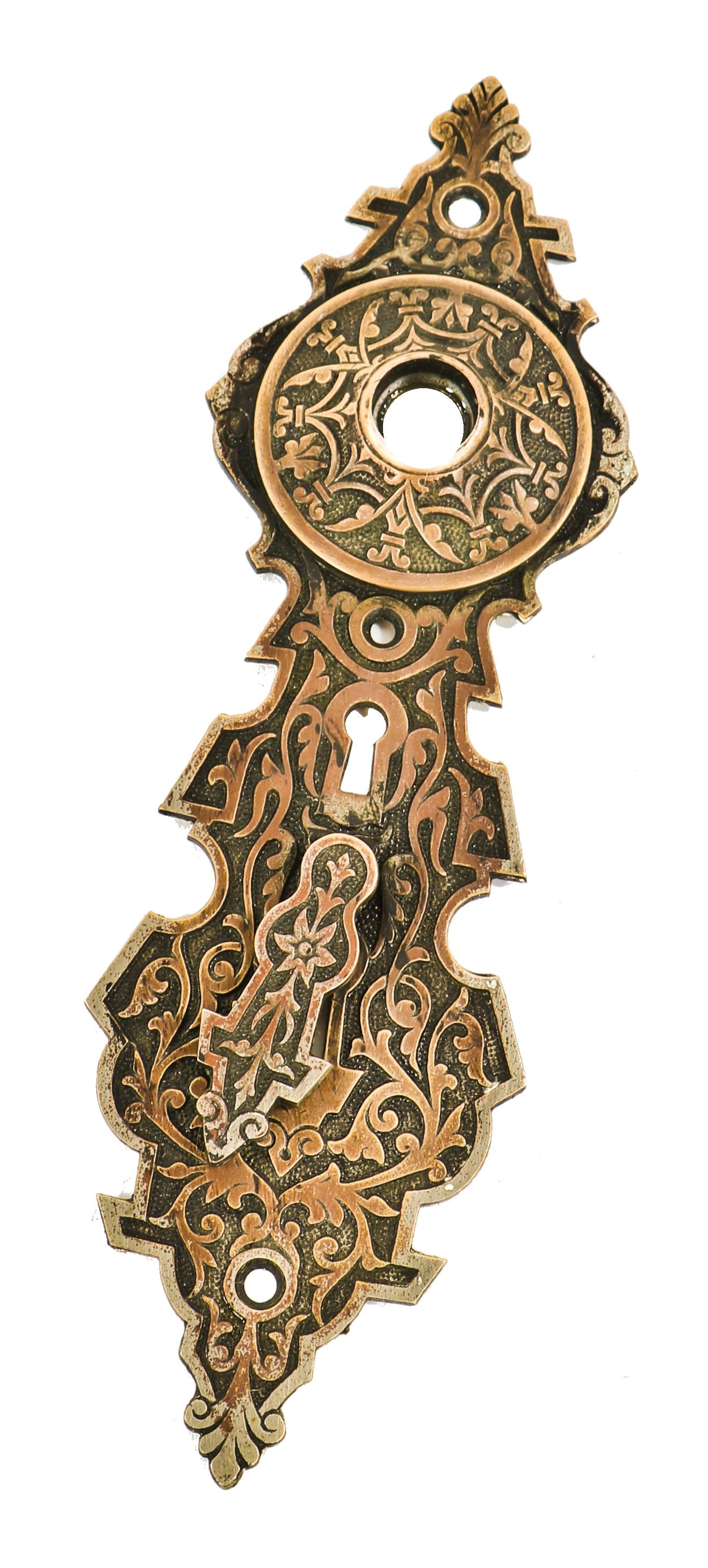hard to find oversized original c. 1870's antique american victorian era cast bronze exterior residential doorknob backplate with swinging keyhole cover