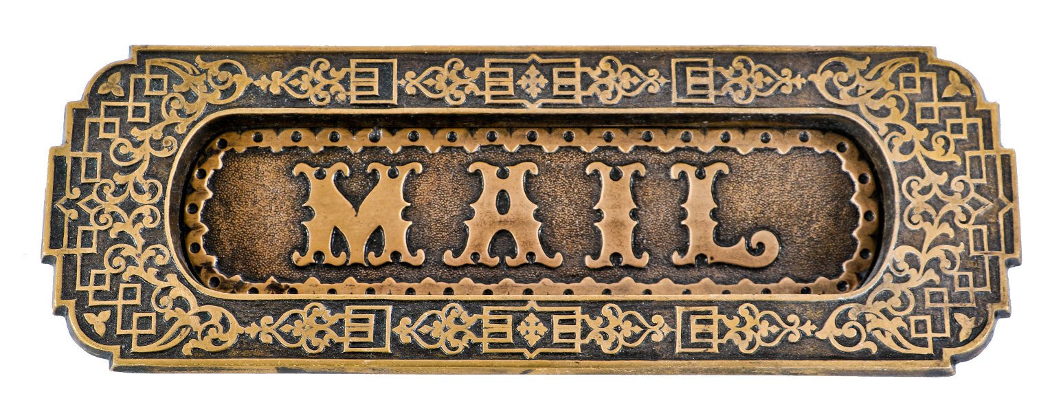 rare c. 1880's antique american victorian era oversized ornamental cast bronze exterior commercial store door "mail" slot with hinged door
