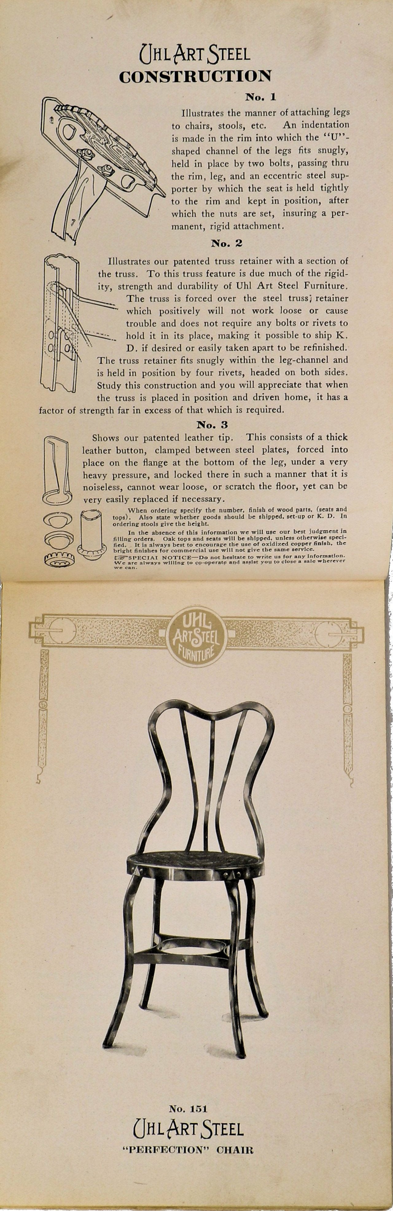 exceptionally rare and all original early 20th century staple-bound "uhl art steel" softcover furniture catalog with a slightly raised or embossed gold emblem