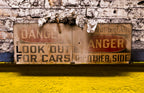original single-sided c. 1940's american industrial weathered and worn a. finkl & sons "look out for cars" danger or cautionary heavy gauge steel sign
