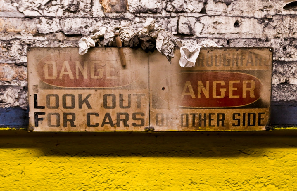 original single-sided c. 1940's american industrial weathered and worn a. finkl & sons "look out for cars" danger or cautionary heavy gauge steel sign