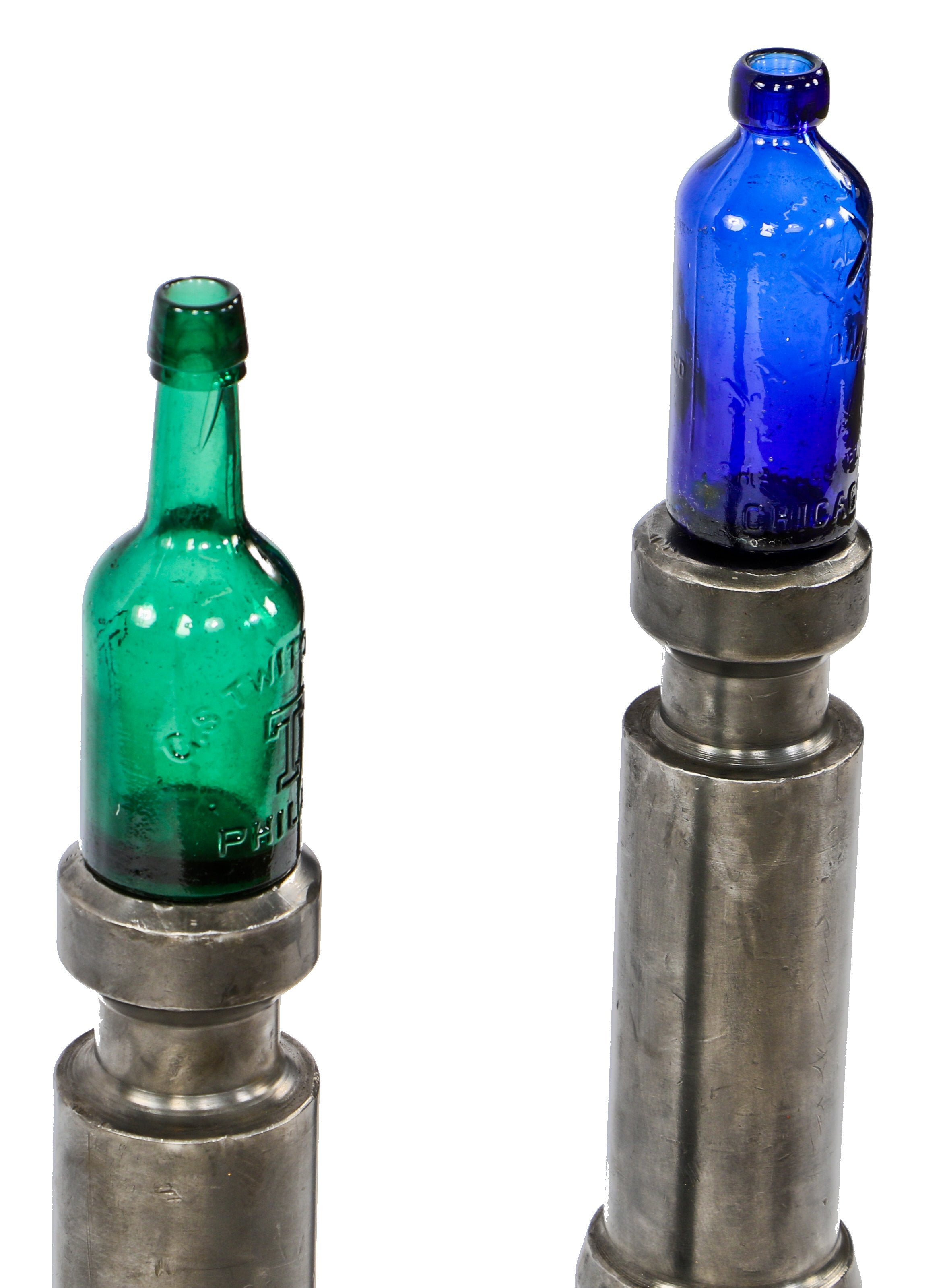 two original and remarkably heavy vintage american industrial refinished solid cast steel pedestal type machine components with applied clear coat finish