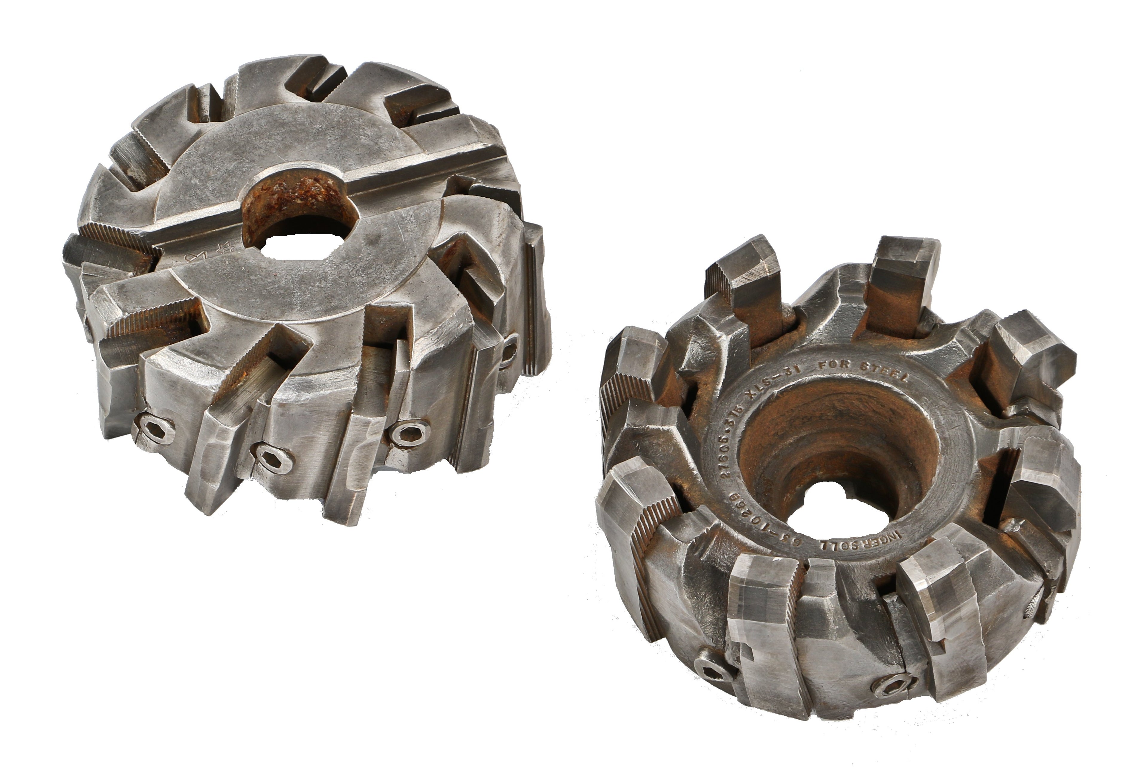 matching set of original vintage american industrial solid steel refinished solid steel a. finkl & sons foundry gear machining feed cutters with applied clear coat lacquer