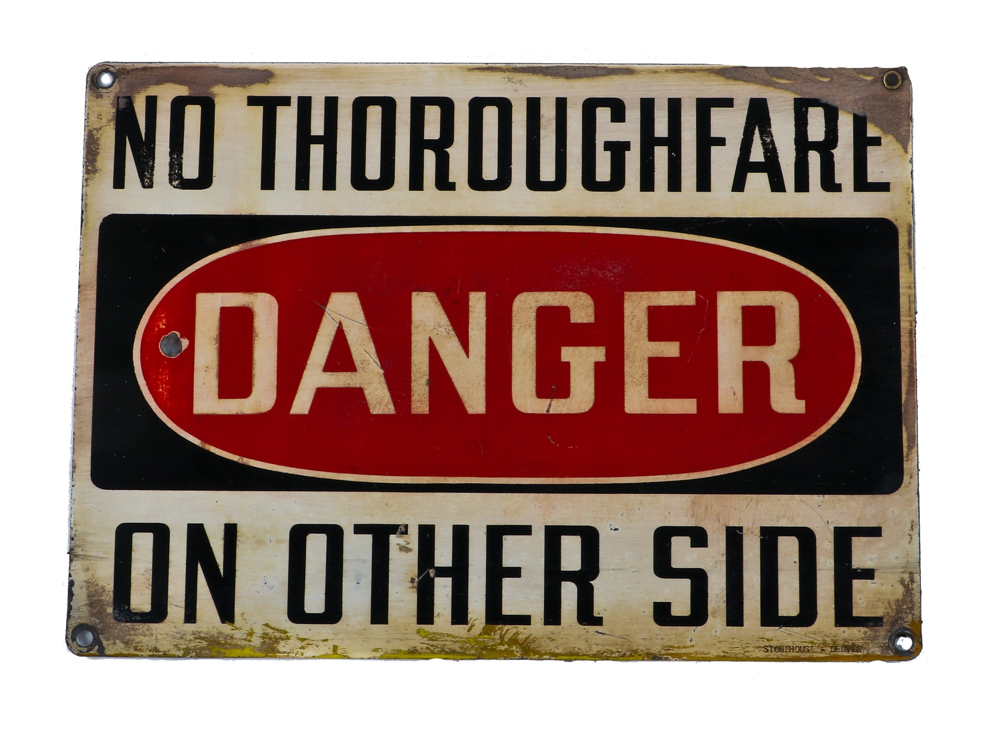 single-sided heavy gauge steel c. 1940's american industrial danger or cautionary "no thoroughfare" finkl foundry sign with bold black lettering
