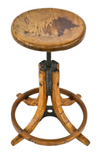 completely refinished late 19th century antique american adjustable height draftsman backless stool with flared wood feet and a bentwood footrest or heel ring