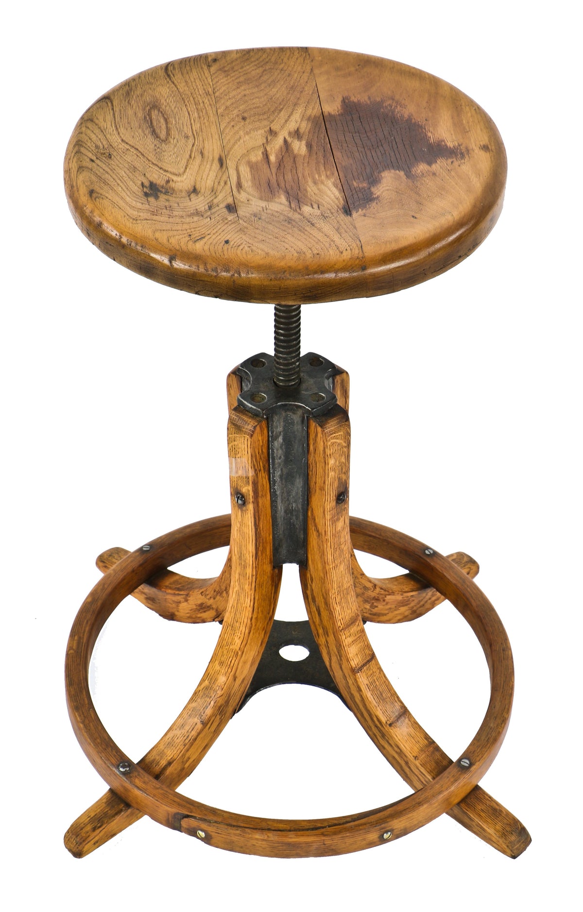 completely refinished late 19th century antique american adjustable height draftsman backless stool with flared wood feet and a bentwood footrest or heel ring