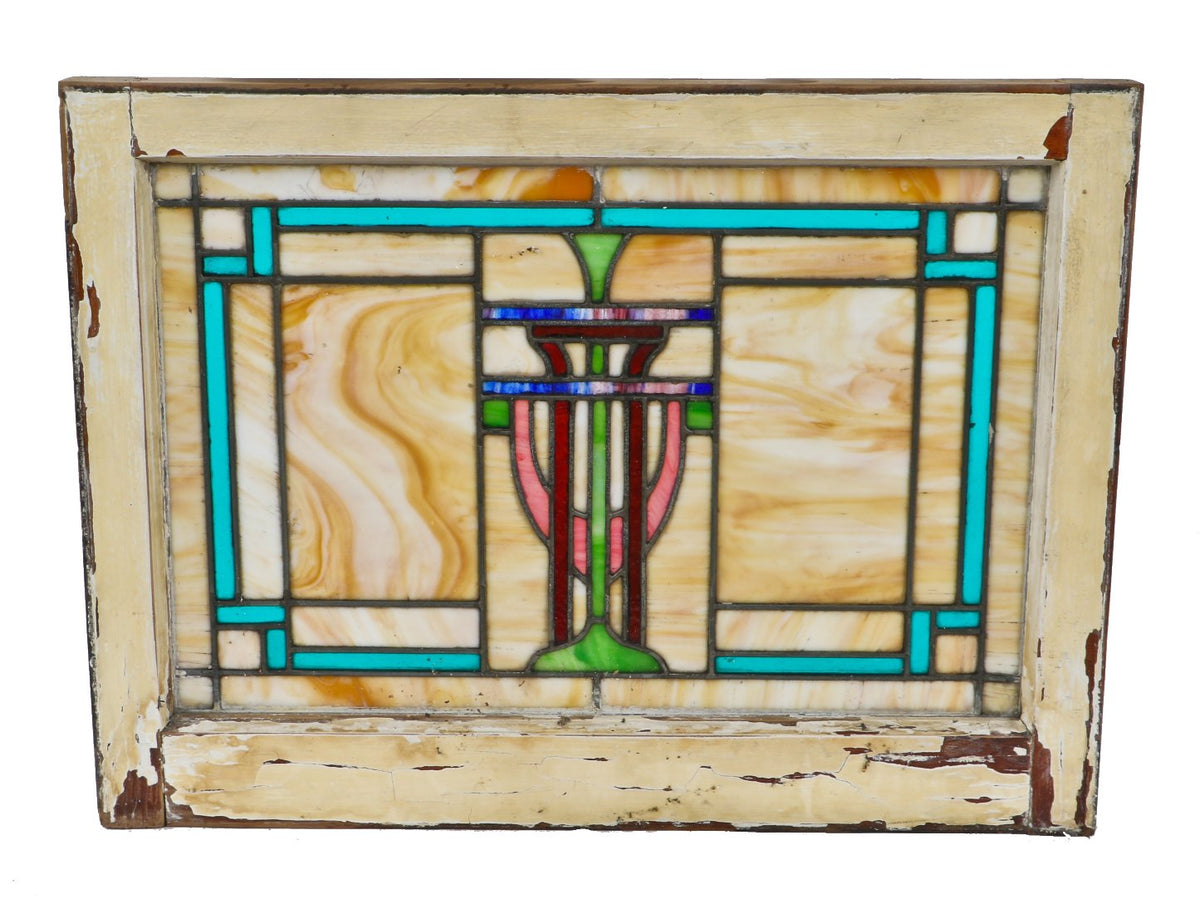 original and intact antique american chicago leaded art glass residential bungalow windows with variegated slag glass and original painted wood sash frame