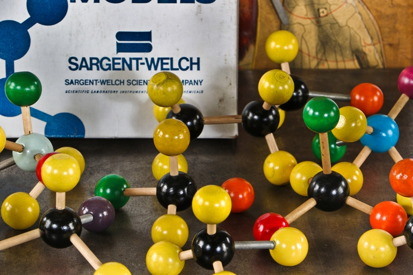 large lot of all original hand-painted vintage american wood "molecular model" science classroom components representing the basic principles of atomic structure and bonding