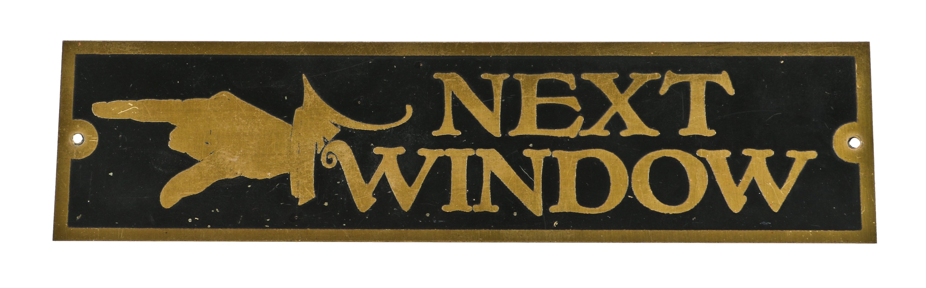 hard to find c. 1915 original single-sided chicago bank building interior stamped brass "next window" teller sign with fanciful pointing finger graphic