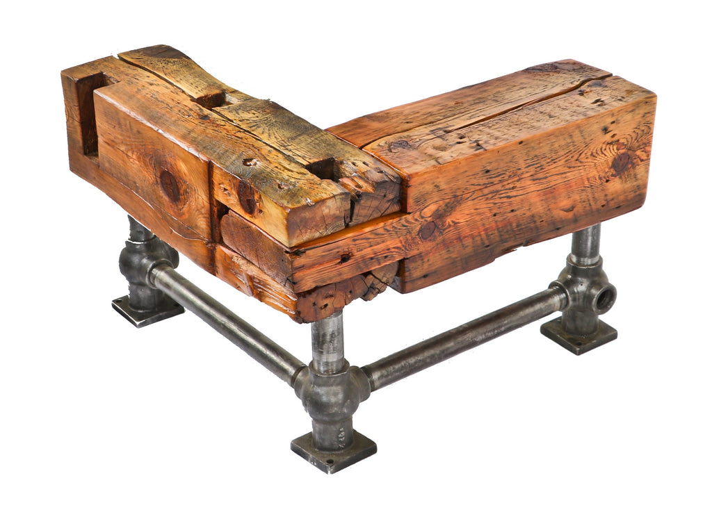 repurposed american industrial l-shaped stationary sitting bench comprised of solid yellow pine wood residential mortise and tenon sill plate beams