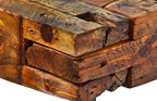repurposed american industrial l-shaped stationary sitting bench comprised of solid yellow pine wood residential mortise and tenon sill plate beams