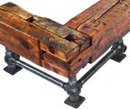 repurposed american industrial l-shaped stationary sitting bench comprised of solid yellow pine wood residential mortise and tenon sill plate beams