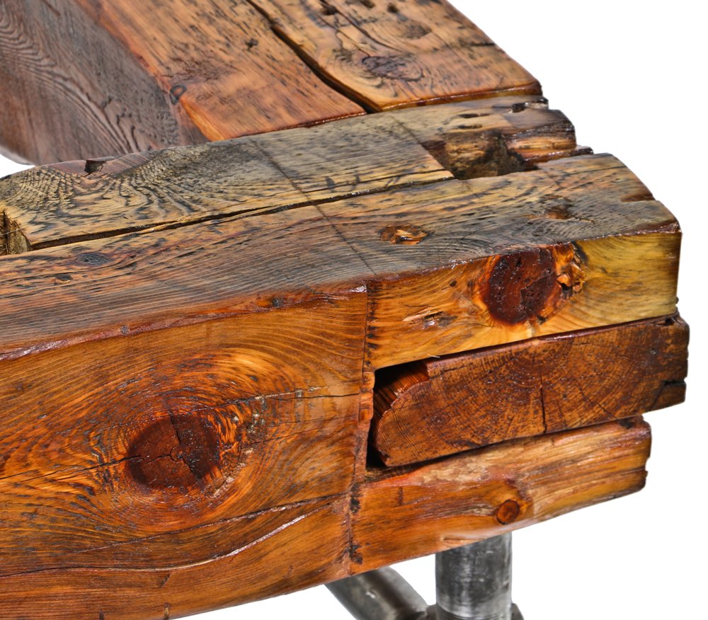 repurposed american industrial l-shaped stationary sitting bench comprised of solid yellow pine wood residential mortise and tenon sill plate beams