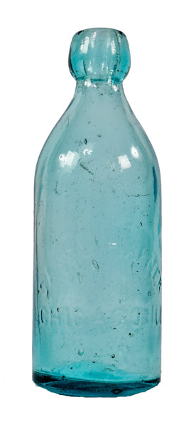 single all original c. 1865-1875 privy dug antique american blue aqua glass soda bottle with applied blob top manufactured for chicago bottlers sass & hafner.