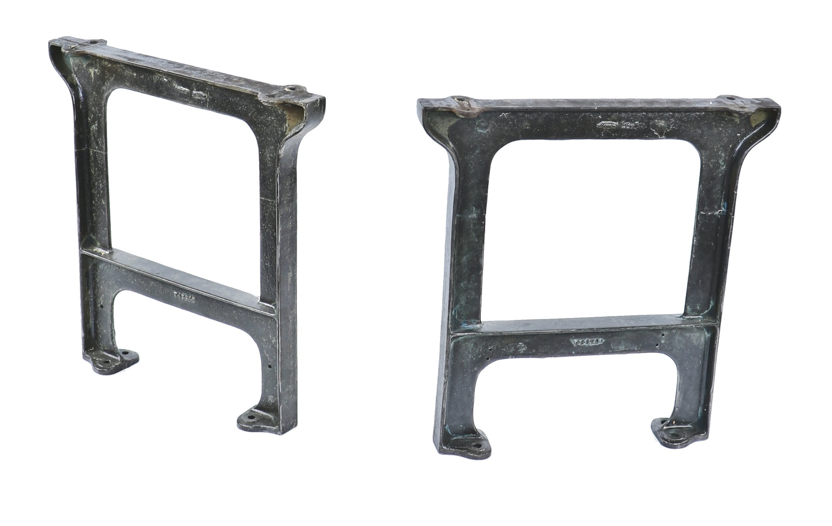matching set of original early 20th century antique american industrial brushed metal cast iron factory machine bases or legs with applied clear coat lacquer