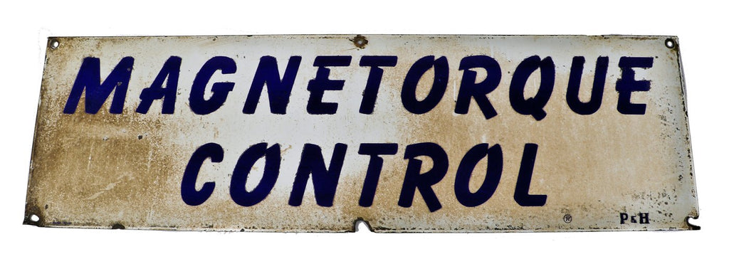 original rare oversized single-sided c. 1930's antique american industrial a. finkl & sons foundry p & h overhead crane "magnetorque" porcelain enameled sign