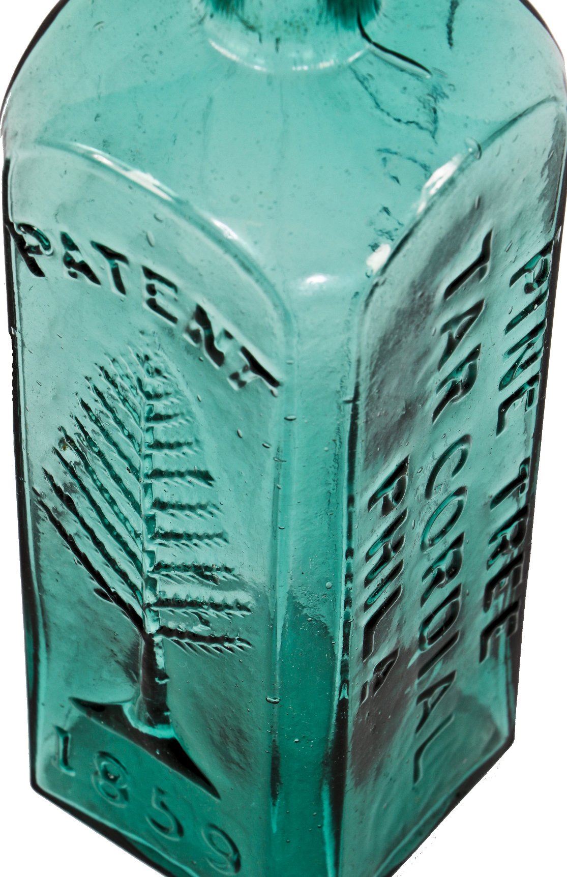 original oversized c. 1860's civil war-era teal colored hinged mold glass "pine tree tar cordial" medicine bottle with deeply embossed tree logo